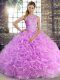 Lilac Ball Gowns Scoop Sleeveless Fabric With Rolling Flowers Floor Length Lace Up Beading 15th Birthday Dress