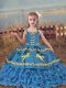 Lovely Blue Sleeveless Floor Length Beading and Embroidery and Ruffled Layers Lace Up Little Girl Pageant Gowns