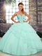 Stunning Sweetheart Sleeveless Quince Ball Gowns Brush Train Beading and Ruffled Layers Apple Green Tulle