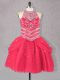 Sleeveless Tulle Mini Length Lace Up Homecoming Dress in Coral Red with Beading