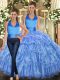 Trendy Baby Blue Sleeveless Ruffles and Pick Ups Floor Length 15th Birthday Dress