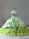 Luxurious Organza Off The Shoulder Sleeveless Chapel Train Lace Up Embroidery and Ruffles Sweet 16 Dress in Yellow Green