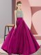 Modern Scoop Sleeveless Dress for Prom Floor Length Beading Fuchsia Elastic Woven Satin