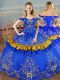 Blue Satin Lace Up Vestidos de Quinceanera Sleeveless Floor Length Embroidery