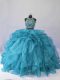 High Quality Teal Two Pieces Beading and Ruffles Quinceanera Gowns Backless Organza Sleeveless Floor Length