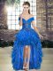 Spectacular Royal Blue A-line Beading and Ruffles Pageant Dress for Girls Lace Up Organza Sleeveless High Low