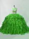 Green Zipper 15 Quinceanera Dress Beading and Ruffles Sleeveless Brush Train