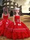 Red Zipper Little Girl Pageant Gowns Embroidery and Ruffled Layers Sleeveless Floor Length