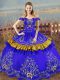 Off The Shoulder Sleeveless Lace Up Ball Gown Prom Dress Blue Satin