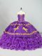 Sweet Purple Ball Gowns Satin and Organza Sweetheart Sleeveless Embroidery and Ruffled Layers Lace Up 15 Quinceanera Dress Brush Train