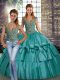 Affordable Floor Length Lace Up Sweet 16 Quinceanera Dress Teal for Military Ball and Sweet 16 and Quinceanera with Beading and Ruffled Layers