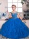 Affordable Blue Tulle Lace Up Kids Formal Wear Sleeveless Floor Length Beading and Ruffles