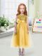 Superior Tea Length Gold Flower Girl Dresses for Less Organza Sleeveless Sequins and Hand Made Flower