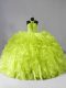 Yellow Green Ball Gowns Organza Halter Top Sleeveless Beading and Ruffles Zipper 15th Birthday Dress Brush Train