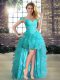 Attractive Aqua Blue A-line Off The Shoulder Sleeveless Organza High Low Lace Up Beading and Ruffles High School Pageant Dress