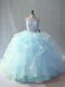 Attractive Brush Train Two Pieces Ball Gown Prom Dress Light Blue Scoop Organza Sleeveless Backless