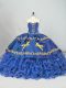 Sleeveless Embroidery and Ruffled Layers Lace Up Quince Ball Gowns with Blue Brush Train