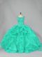 Floor Length Turquoise Ball Gown Prom Dress Organza Sleeveless Beading and Ruffles