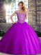 Customized Tulle Off The Shoulder Sleeveless Brush Train Lace Up Beading Ball Gown Prom Dress in Purple