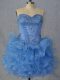 Delicate Sweetheart Sleeveless Homecoming Dress Mini Length Beading and Ruffles Blue Organza