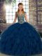 Sleeveless Organza Floor Length Lace Up Sweet 16 Dress in Blue with Beading and Ruffles