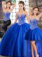 Custom Design Blue Three Pieces Tulle Sweetheart Sleeveless Beading Lace Up Quinceanera Dress Brush Train