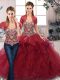 Beauteous Burgundy Tulle Lace Up Off The Shoulder Sleeveless Floor Length 15 Quinceanera Dress Beading and Ruffles