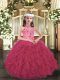 Enchanting Hot Pink Halter Top Neckline Appliques and Ruffles Little Girl Pageant Gowns Sleeveless Lace Up