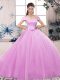 Popular Floor Length Lace Up Sweet 16 Dresses Lilac for Military Ball and Sweet 16 and Quinceanera with Lace and Hand Made Flower