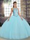 Aqua Blue Ball Gowns Tulle Scoop Sleeveless Embroidery Floor Length Lace Up Quince Ball Gowns