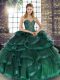 Peacock Green Ball Gowns Sweetheart Sleeveless Tulle Floor Length Lace Up Beading and Ruffles Quinceanera Gown