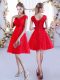 Fancy Lace Vestidos de Damas Red Lace Up Cap Sleeves Mini Length