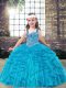 Sweet Blue Ball Gowns Tulle Straps Sleeveless Beading and Ruffles Floor Length Lace Up Little Girls Pageant Dress