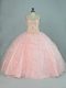 Peach Ball Gowns Tulle Straps Sleeveless Beading and Ruffles Floor Length Lace Up 15th Birthday Dress
