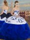 Sleeveless Tulle Floor Length Lace Up Quinceanera Gowns in Royal Blue with Embroidery and Ruffles and Bowknot
