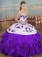 Graceful White And Purple Sweetheart Lace Up Embroidery and Ruffles and Bowknot Quince Ball Gowns Sleeveless