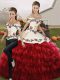 Off The Shoulder Sleeveless Sweet 16 Dresses Floor Length Embroidery and Ruffled Layers Wine Red Organza