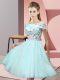 Short Sleeves Tulle Knee Length Lace Up Court Dresses for Sweet 16 in Apple Green with Appliques