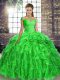 Superior Green Organza Lace Up Sweet 16 Quinceanera Dress Sleeveless Brush Train Beading and Ruffles
