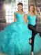 Sexy Aqua Blue Sleeveless Organza Lace Up Quinceanera Dress for Military Ball and Sweet 16 and Quinceanera
