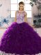 Purple Ball Gowns Organza Scoop Sleeveless Beading and Ruffles Floor Length Lace Up Sweet 16 Dress