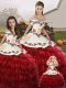 High Quality Wine Red Lace Up Quince Ball Gowns Embroidery and Ruffled Layers Sleeveless Floor Length