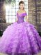 Modest Off The Shoulder Sleeveless Vestidos de Quinceanera Brush Train Beading and Ruffled Layers Lavender Organza