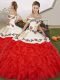 Modern White And Red Lace Up Off The Shoulder Embroidery and Ruffles Quinceanera Gown Organza Sleeveless
