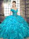 Modest Aqua Blue Lace Up Off The Shoulder Beading and Ruffles 15th Birthday Dress Organza Sleeveless