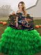 Green Ball Gowns Embroidery and Ruffled Layers Sweet 16 Dresses Lace Up Organza Sleeveless Floor Length
