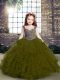 Olive Green Ball Gowns Beading and Ruffles Little Girl Pageant Dress Lace Up Tulle Sleeveless Floor Length