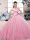 Custom Design Rose Pink Ball Gowns Lace and Hand Made Flower Quinceanera Gowns Lace Up Tulle Short Sleeves Floor Length