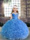 Ball Gowns Little Girls Pageant Dress Blue Spaghetti Straps Fabric With Rolling Flowers Sleeveless Floor Length Lace Up
