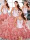 Scoop Sleeveless Quinceanera Gown Floor Length Beading and Ruffles Watermelon Red Organza